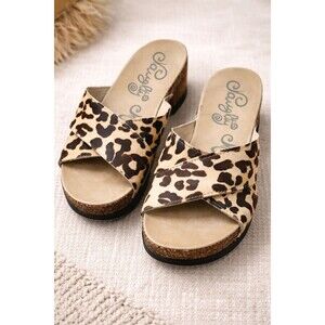 Leopard Pony Hair Platform Sandals Women’s 8.5 Boho Y2K Criss Cross Slip On Chic